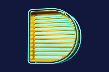 D harfi altın ve mavi. Yatay ışık şeritli. Renkli neon 3 boyutlu yazı tipi. Yüksek kalite 3B görüntüleme