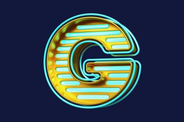 Üç boyutlu tipografi. Altın ve mavi neon desenli G harfini yakalıyor. Yüksek kalite 3B görüntüleme