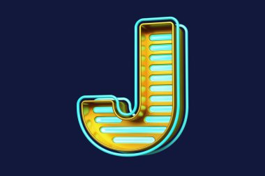 J harfi şeklinde altın ve mavi şeritli metal bir kutu. Çekici renkli neon yazı tipi. Yüksek kalite 3B görüntüleme.