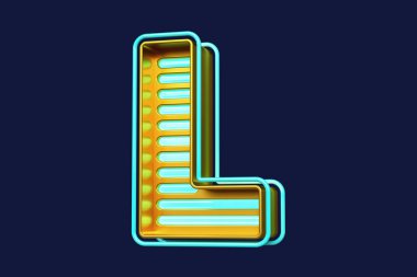 Çarpıcı renkli neon tipografi. Oyun stili L harfi metalik altın ve mavi. Yüksek kalite 3B görüntüleme
