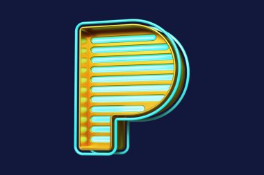 Mavi ve metalik altınla yazılmış parlak fütürist yazı tipi P harfi. Renkli, üç boyutlu yazı tipi. Yüksek kalite 3B görüntüleme