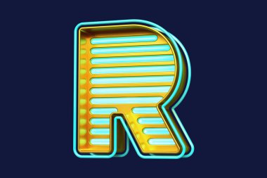 Üç boyutlu neon alfabesi. Parlak fütüristik harf R mavi ve koyu altından. Yüksek kalite 3B görüntüleme