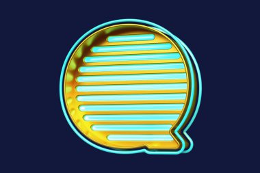 Retro aydınlatma 3 boyutlu alfabe. Q harfi altın ve cyan. Yüksek kalite 3B görüntüleme