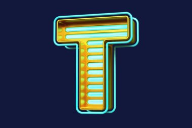 Parlak parlak T harfi altın ve mavi şeritlerle. Renkli kumarhane tarzı yazı tipi. Yüksek kalite 3B görüntüleme