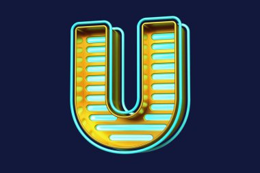 Altın ve mavi renkli U harfi. Üç boyutlu tüplü tipografi. Yüksek kalite 3B görüntüleme
