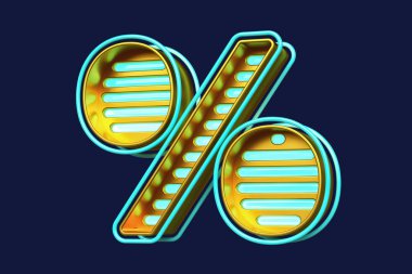 Metalik altın ve parlak mavi ile yüzde üç boyutlu sembol. Göz alıcı renkli neon çizgili tayfografi. Yüksek kalite 3B görüntüleme