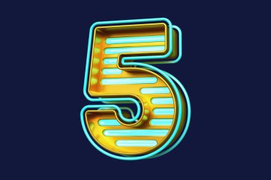 Parlak mavi şeritli metalik altından 5 numaralı yazı tipini göster. Çarpıcı parlak yazı tipi. Yüksek kalite 3B görüntüleme.