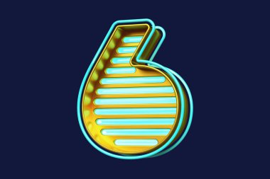 Metalik altın ve cyan olarak gösterişli 6 numara. Renkli 3D neon yazı tipi. Yüksek kalite 3B görüntüleme