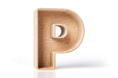 İç mekanlar için P harfi biçiminde 3 boyutlu tahta yazı tipi. Dekoratif fikir. Yüksek detaylı 3B görüntüleme.