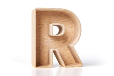 Kitaplar, vazolar ya da kozmetik ürünler gibi boş alanlarla R harfi şeklinde ahşap bir vitrin. Yüksek çözünürlüklü 3B görüntüleme.