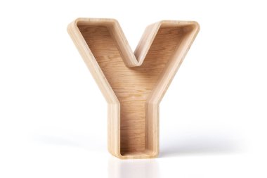 Tahta yazı tipi 3 boyutlu Y harfi, çam ağacından yapılmış. Yüksek detaylı 3B görüntüleme.