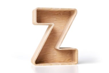 Tahta 3D Z harfi. Kitapları veya küçük dekoratif nesneleri göstermek için tasarım fikri. Yüksek kalite 3B görüntüleme.