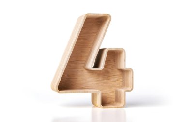 Dört numara şeklinde ahşap dekoratif bir kutu. Çevre dostu ürünleri veya nesneleri sergilemek güzel. Yüksek çözünürlüklü 3B görüntüleme.