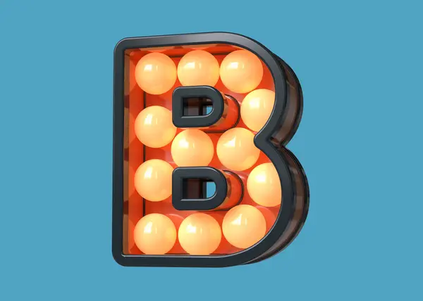 オレンジ色のライトが付いている暗い青でレタリングするヴィンテージの電球の玄関3D カラフルなレトロモダンスタイルのタイポグラフィレターB 高品質の3Dレンダリング — ストック写真