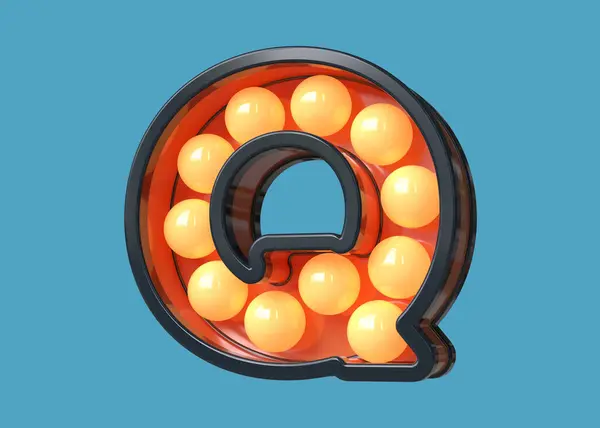 Vintage 3D alphabet character Q in dark blue with orange light. Light bulb marquee letters. High quality 3D rendering.