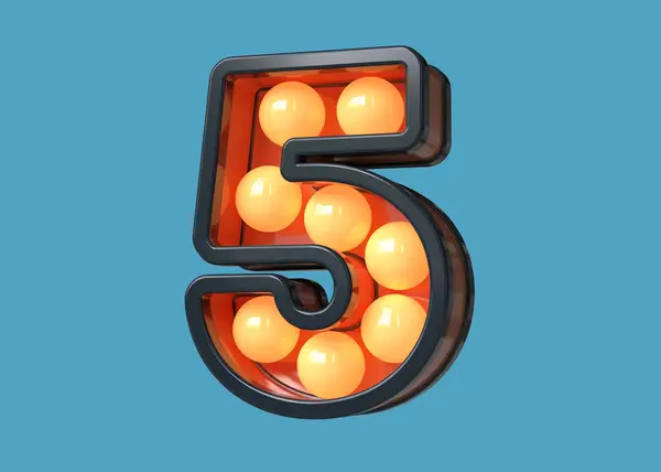 Light bulb marquee typography digit number 5 in blue with warm orange light. High quality 3D rendering.
