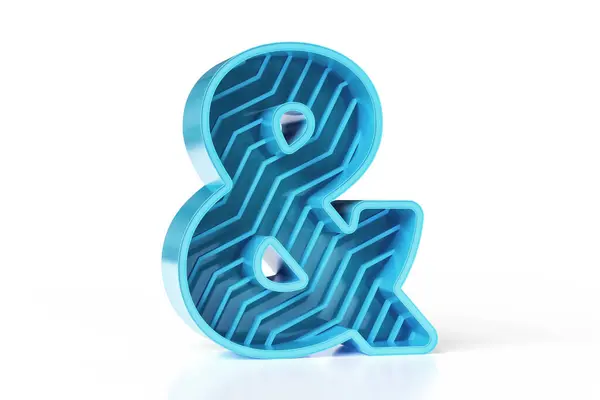 ジグザグの装飾的なライン パターンが付いている3D光沢のある青い金属のアンパサンドの手紙 テクノロジーとゲームスタイルタイポグラフィコレクション 高リゾリューション3Dレンダリング — ストック写真