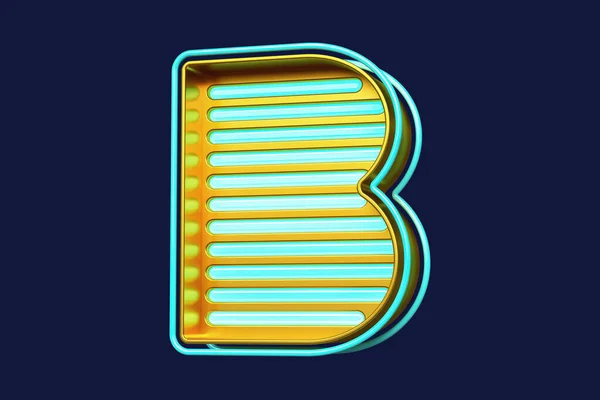 Colorful neon light 3D typography letter B in metallic gold and bright blue. High quality 3D rendering