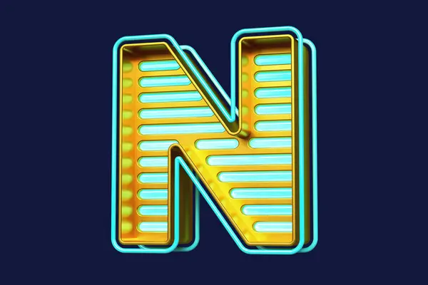 Eye-catching 3D letter N in gold and blue. Colorful neon style typeface. High quality 3D rendering