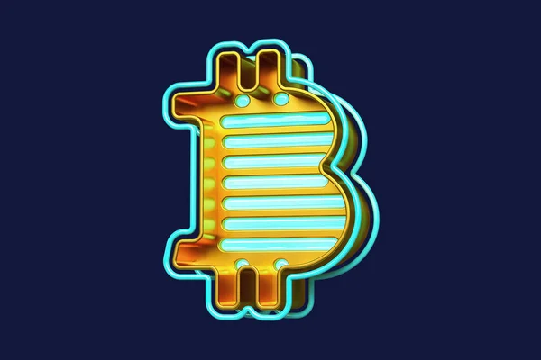 Uderzające Logo Bitcoin Metalicznym Złocie Jasnoniebieskimi Neonami Wysokiej Jakości Renderowanie — Zdjęcie stockowe