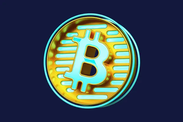 Lebendiges Bitcoin Symbol Metallischem Gold Und Hellblau Hochwertiges Rendering — Stockfoto