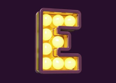Ampul amblemi 3D tipografi karakteri E in violet with yellow light. Yüksek kalite 3B görüntüleme