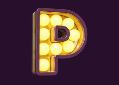 Menekşe renginde 3D yazı tipi P harfi ve sıcak sarı noktalar. Retro modern ampul tabelası tipografisi. Yüksek kalite 3B görüntüleme.