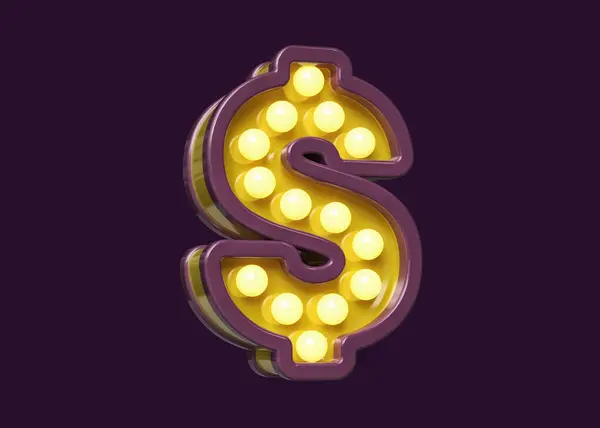 Żarówka Znak Kształcie Dolara Symbol Waluty Kolorze Fioletowym Żółtym Wysokiej — Zdjęcie stockowe