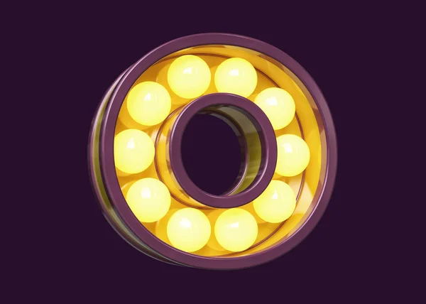 レトロライトの電球の玄関のタイポグラフィの手紙O黄色いライトが付いている紫色 高品質の3Dレンダリング — ストック写真