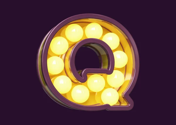 Vintage 3D alphabet character Q in violet with yellow light. Light bulb marquee letters. High quality 3D rendering.