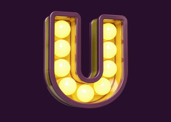 数字字体3D字母U 紫色和黄色 复古灯泡Marquee字母 高质量3D渲染 — 图库照片