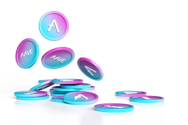 Aave Cryptocurrency Dynamic Illustration Falling Tokens Stacks Coins Isolated White — Stock Photo, Image