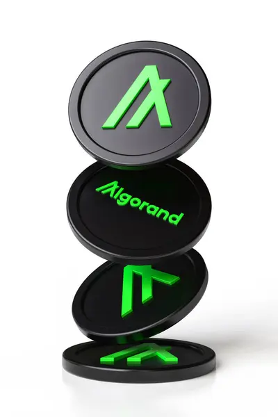 Algorand Algo 暗号通貨トークンは 白い表面に落ちる動きでトークンします アルトコインの新しい技術をイラストするのに適したデザイン 高リゾリューション3Dレンダリング — ストック写真