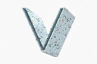 3 boyutlu yazı tipi V harfi katı gölge tasarımı. Açık mavi terrazzo tarzı desen. Yüksek çözünürlüklü 3d görüntüleme.