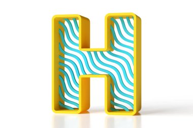 H harfi yaratıcı tasarım sarı ve mavi izometrik stil. Renkli plastik şekillerden yapılmış 3 boyutlu yazı tipi. Yüksek çözünürlüklü 3B görüntüleme.
