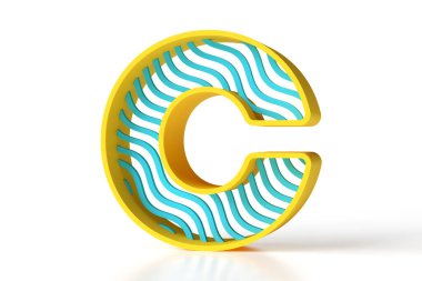 Sarı ve mavi renkli yeni ve neşeli bir tasarımın 3D plasticine C harfi. Yeni moda yazı tipi harfleri. Yüksek kalite 3B görüntüleme.
