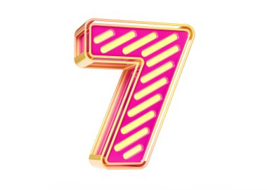 Pembe ve altın sarısı kombinasyonlu neon yazı tipi. 7 numaralı rakam yüksek kaliteli 3D görüntüleme.