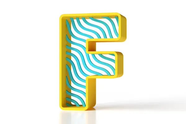 3D塑料风格字母F由黄色轮廓和蓝色波浪图案组成 高质量3D渲染 — 图库照片