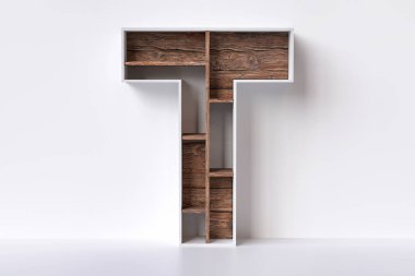 3 boyutlu tahta harf T raf birimi şeklinde. İç dizayn diy konsepti. Yüksek kalite 3B görüntüleme.