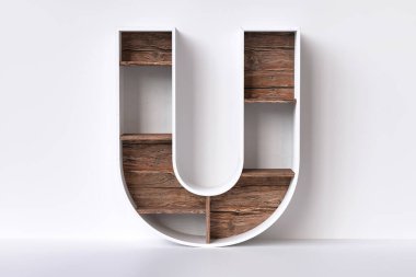 Harf U ahşap yazı tipi. İç dizayn konsepti için güzel. Yüksek detaylı 3B görüntüleme.