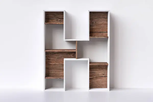 Wooden typography letter H in the shape of a furniture, interiorism accessory design idea concept. High detailed 3D rendering.