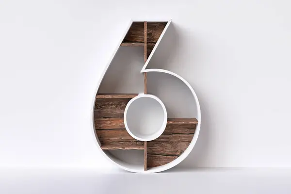 Rustic wooden empty bookshelves in the shape of number 6, ideal to display retail products or decorate an interior space. White maple and natural dark brown wood combination. High quality 3D rendering.