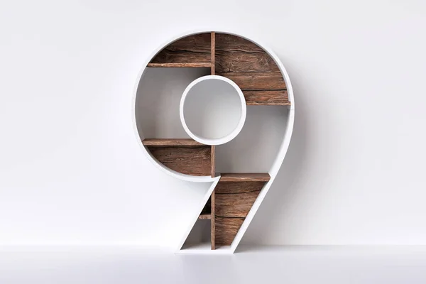 ナンバー9の形をした木製のシェルビング 白い輪郭の板および素朴な老化した木製 高品質の3Dレンダリング — ストック写真