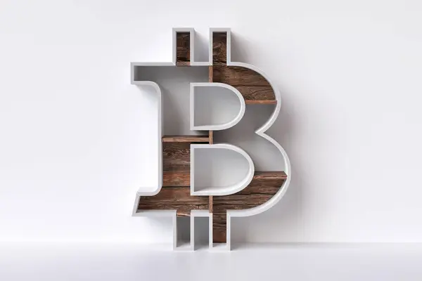 Bitcoin Symbol Form Eines Möbels Aus Weißem Ahornfurnier Und Braunen — Stockfoto