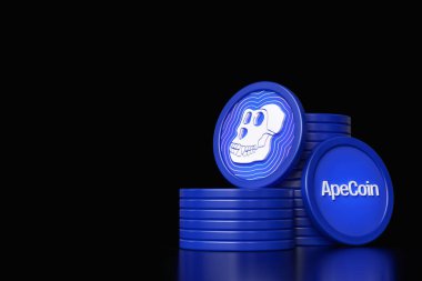 Siyah bir yüzeye istiflenmiş ApeCoin jetonları. NFT ve web 3 uygulama kavramları için uygun tasarım. Yüksek kalite 3B görüntüleme.