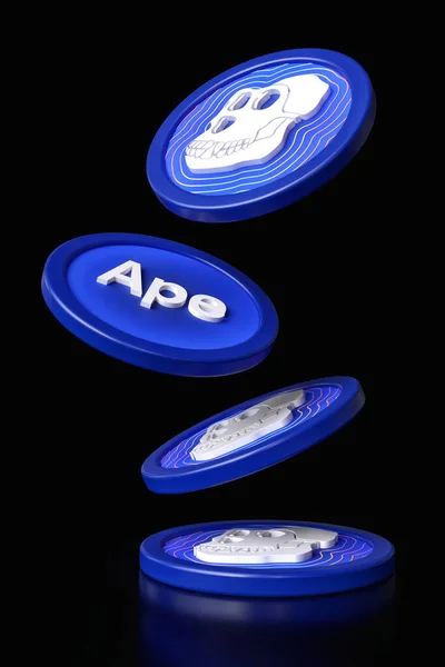 Apecoin Apeトークンは光沢のある黒い表面に落ちています Nftの市場およびメタバースの適用のために適した設計 高品質の3Dレンダリング — ストック写真