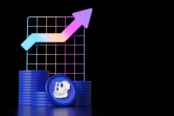 Stacks of Apecoin tokens in front of a chart with a colorful bullish arrow. 3D design suitable for metaverse asset concepts. High quality 3D rendering.