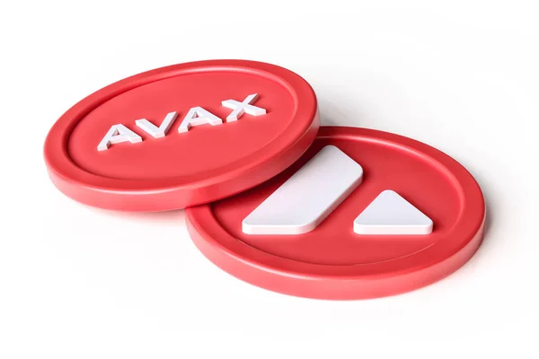 白い表面にロゴとAvaxティッカーを表示する2つのAvalanche暗号化トークンのセット 高リゾリューション3Dレンダリング — ストック写真