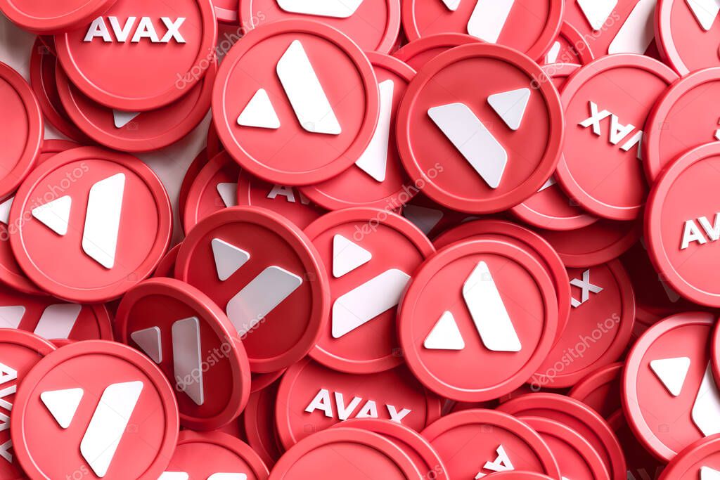 Avalanche Avax wallpaper made of a lot of randomly placed tokens. High quality 3D rendering.