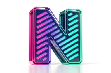Gök mavisi gradyanı için 3 boyutlu N harfi. Renkli neon yazı tipi. Yüksek kalite 3B görüntüleme.